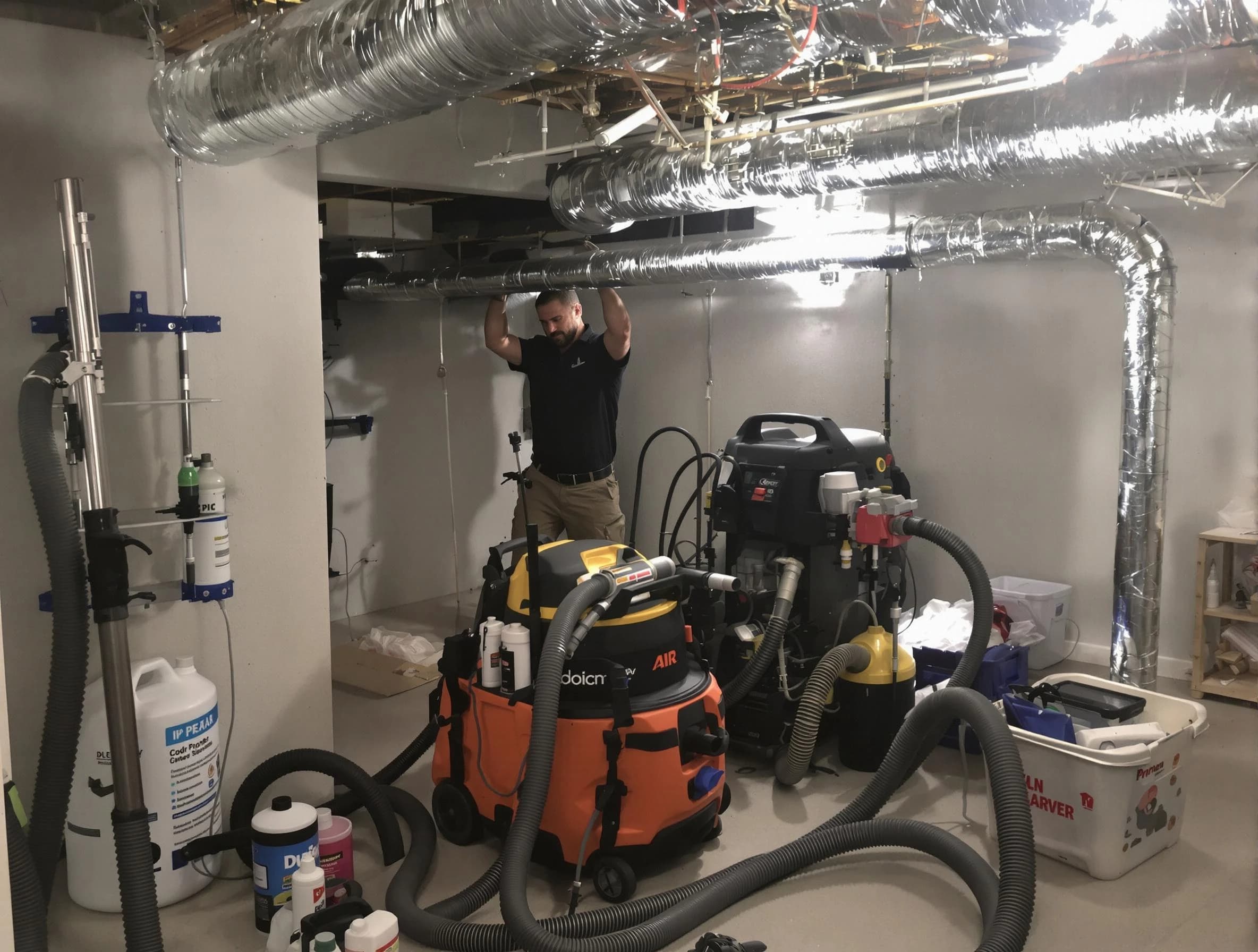 Highland Lakes Air Duct Cleaning specialist performing professional mold removal from air ducts using safety equipment in Highland Lakes