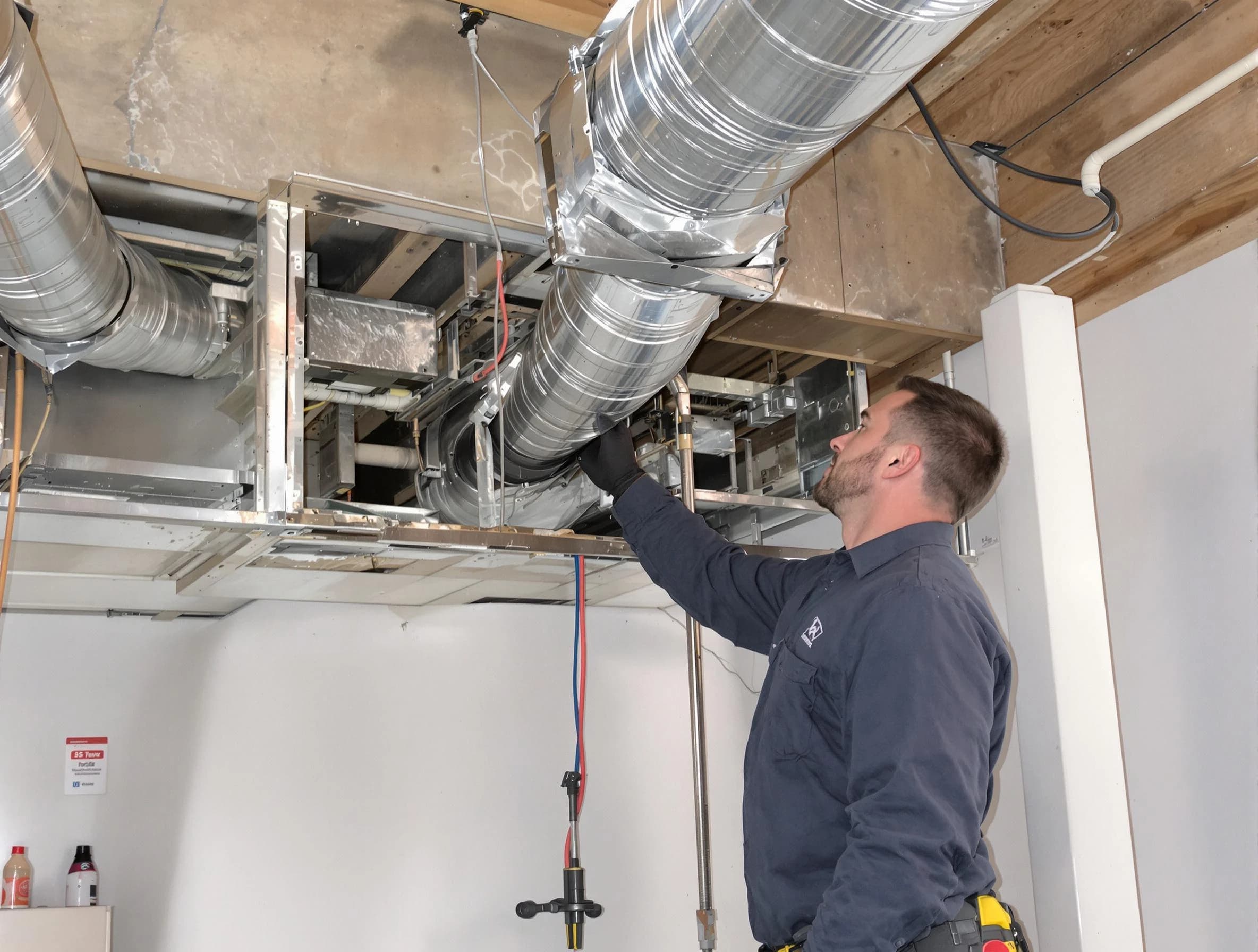 Highland Lakes Air Duct Cleaning technician performing professional air duct repair using specialized tools in Highland Lakes
