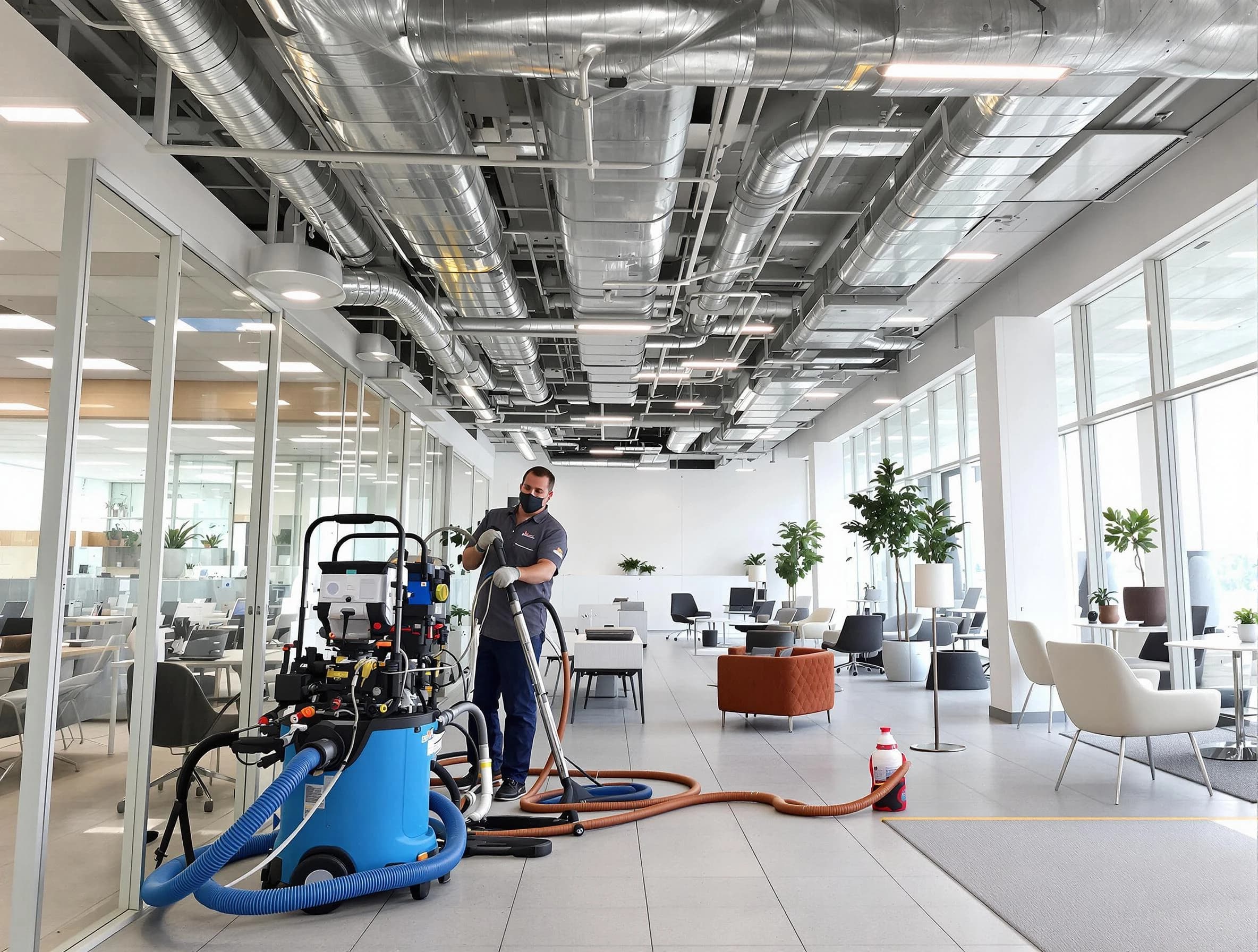 Highland Lakes Air Duct Cleaning team conducting comprehensive commercial duct cleaning at a business location in Highland Lakes