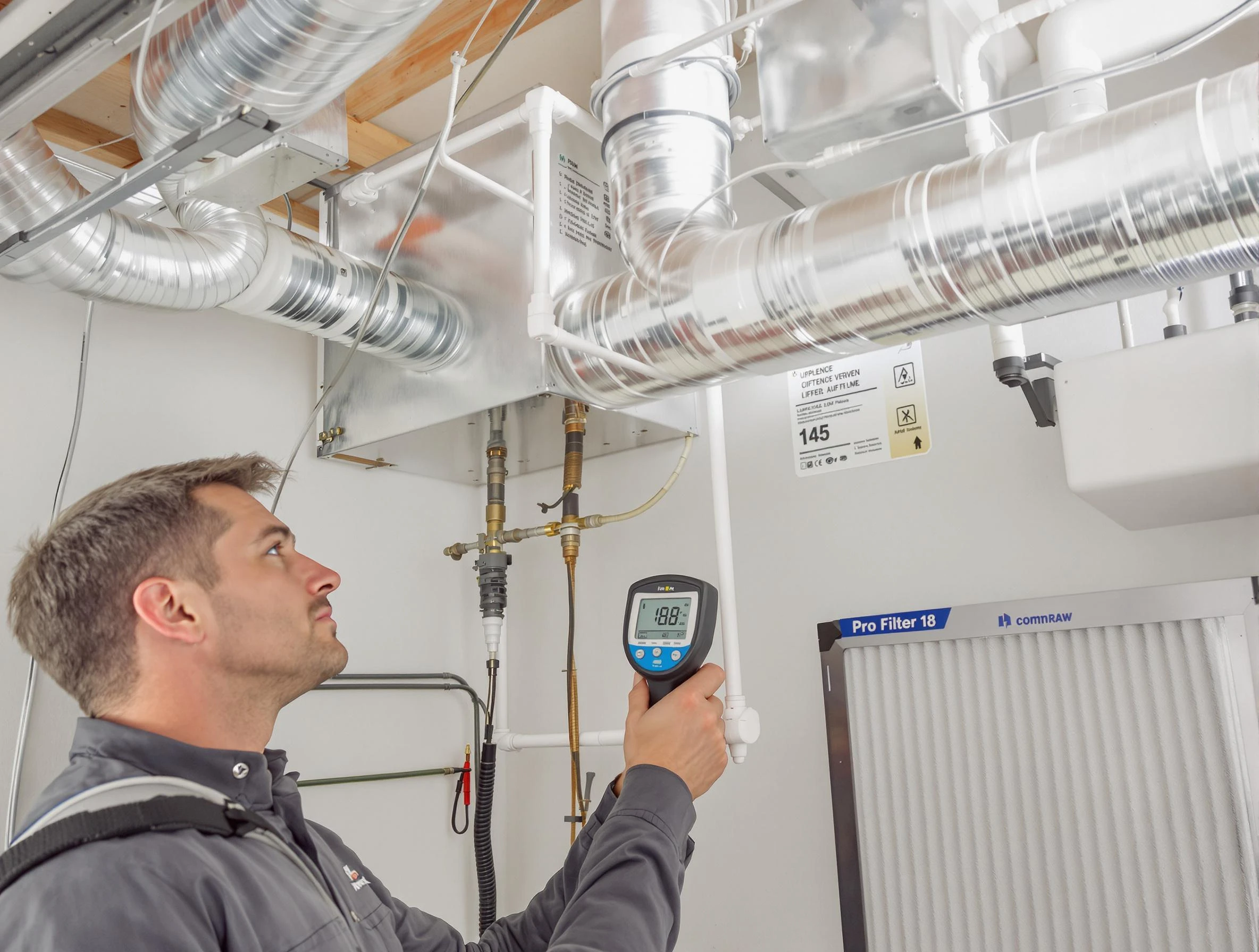 Highland Lakes Air Duct Cleaning expert conducting detailed filter system inspection using diagnostic tools in Highland Lakes